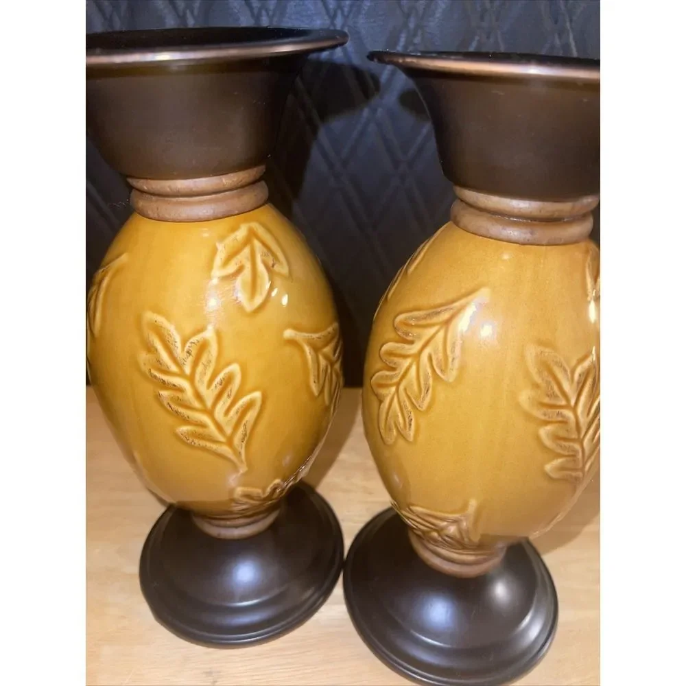 Retired Target Pair of Amber Leaf Embossed Ceramic Candle Holders Pillar Taper